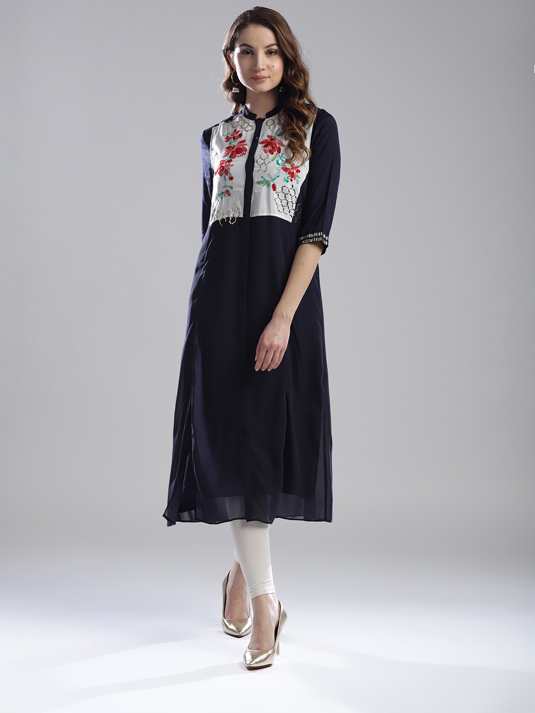 

Wishful by W Women Navy Embellished Layered A-Line Kurta, Navy blue