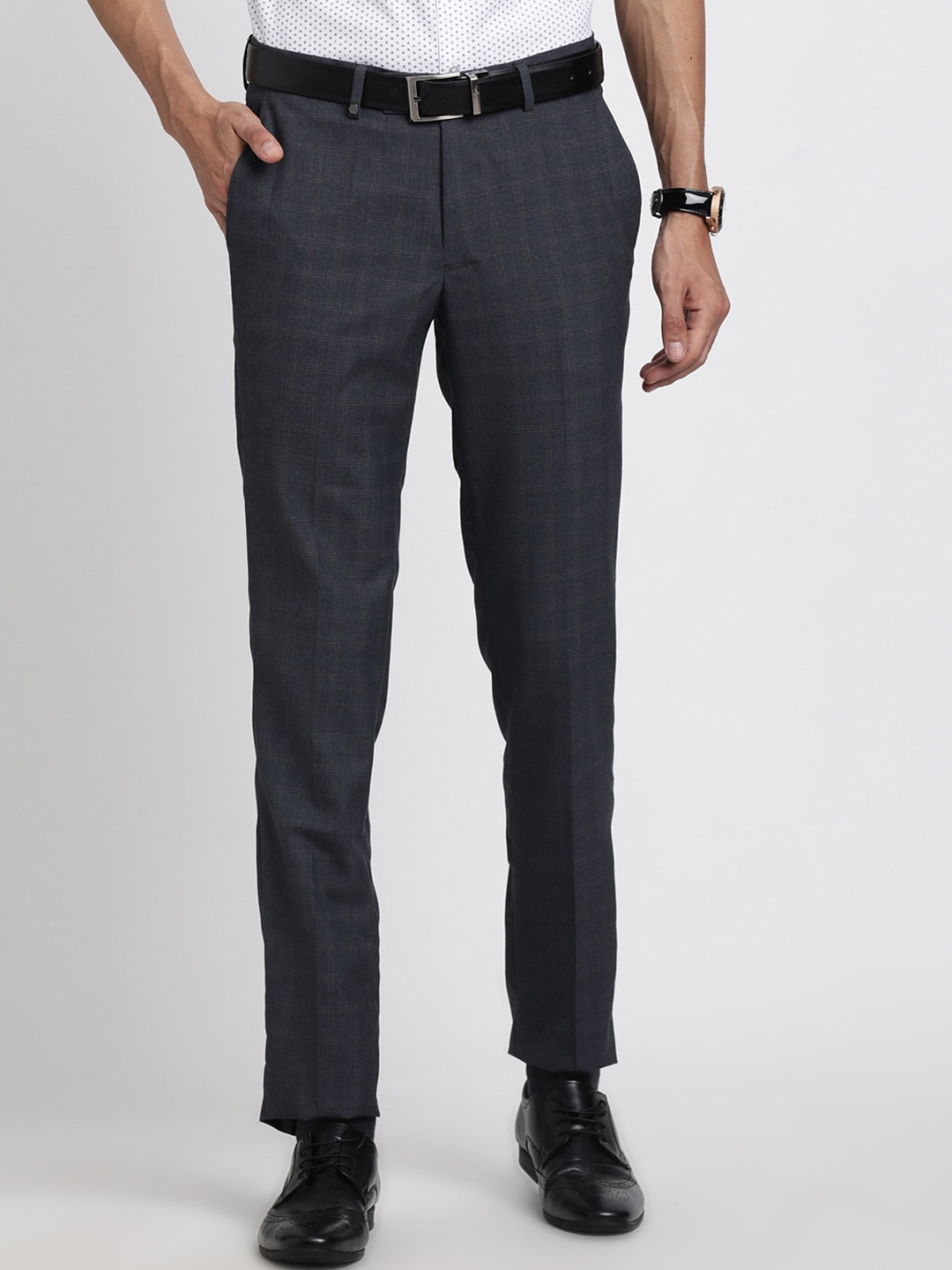 

Turtle Men Checked Tailored Slim Fit Formal Trousers, Grey