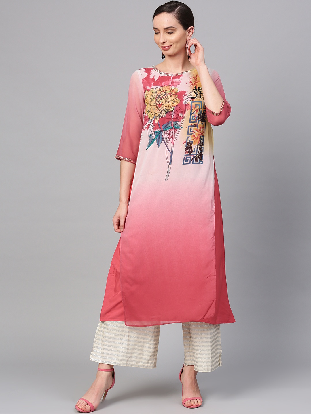 

W Women Pink & White Printed Layered A-Line Kurta