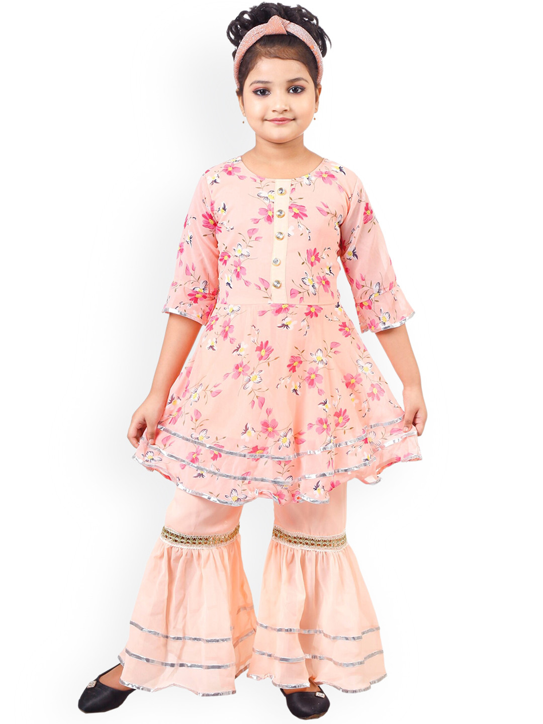 

CELEBRITY CLUB Girls Floral Printed Gotta Patti Georgette A-Line Kurti with Sharara, Peach
