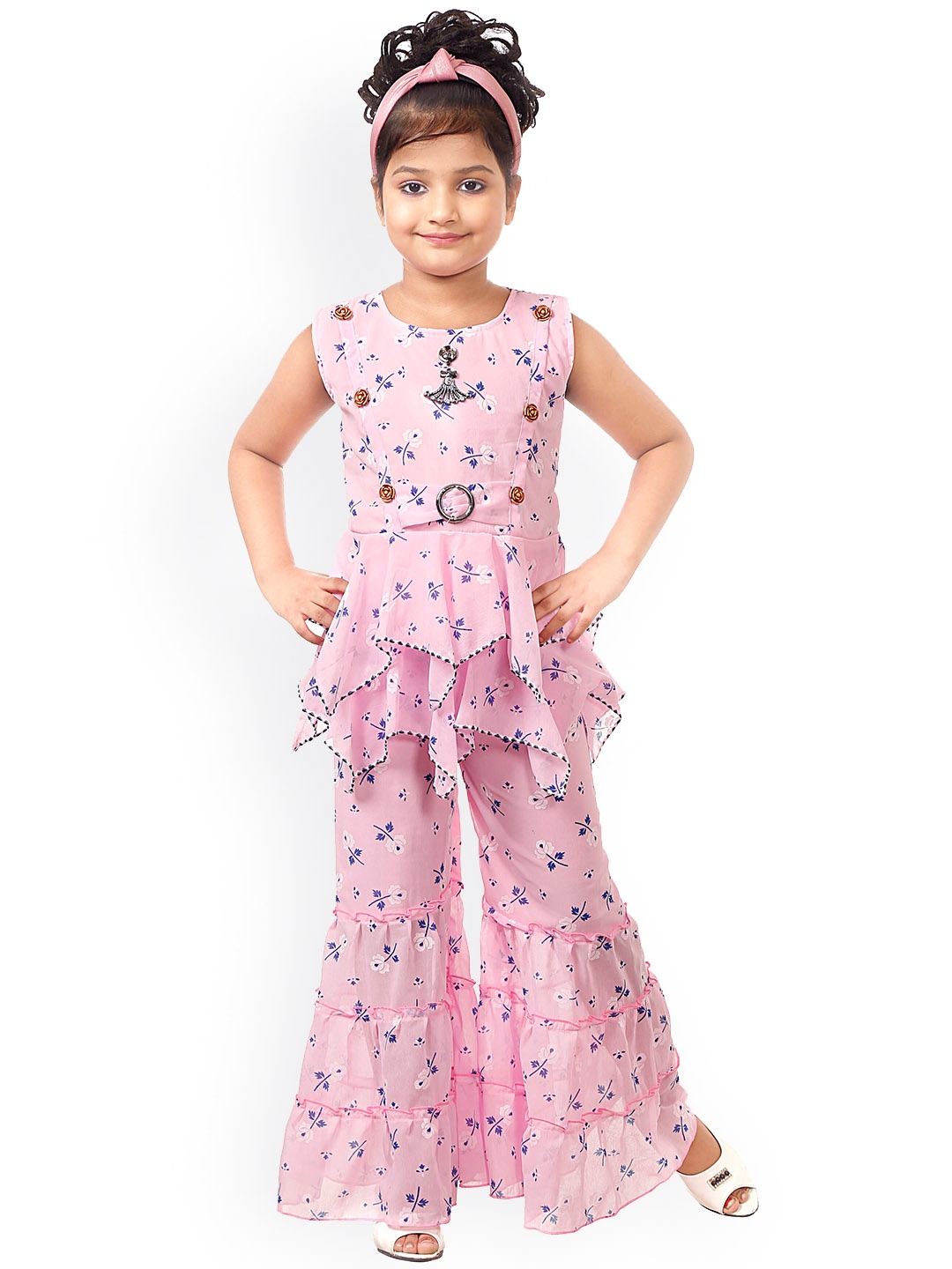 

CELEBRITY CLUB Girl Sleeveless Floral Printed Georgette Top With Sharara, Pink
