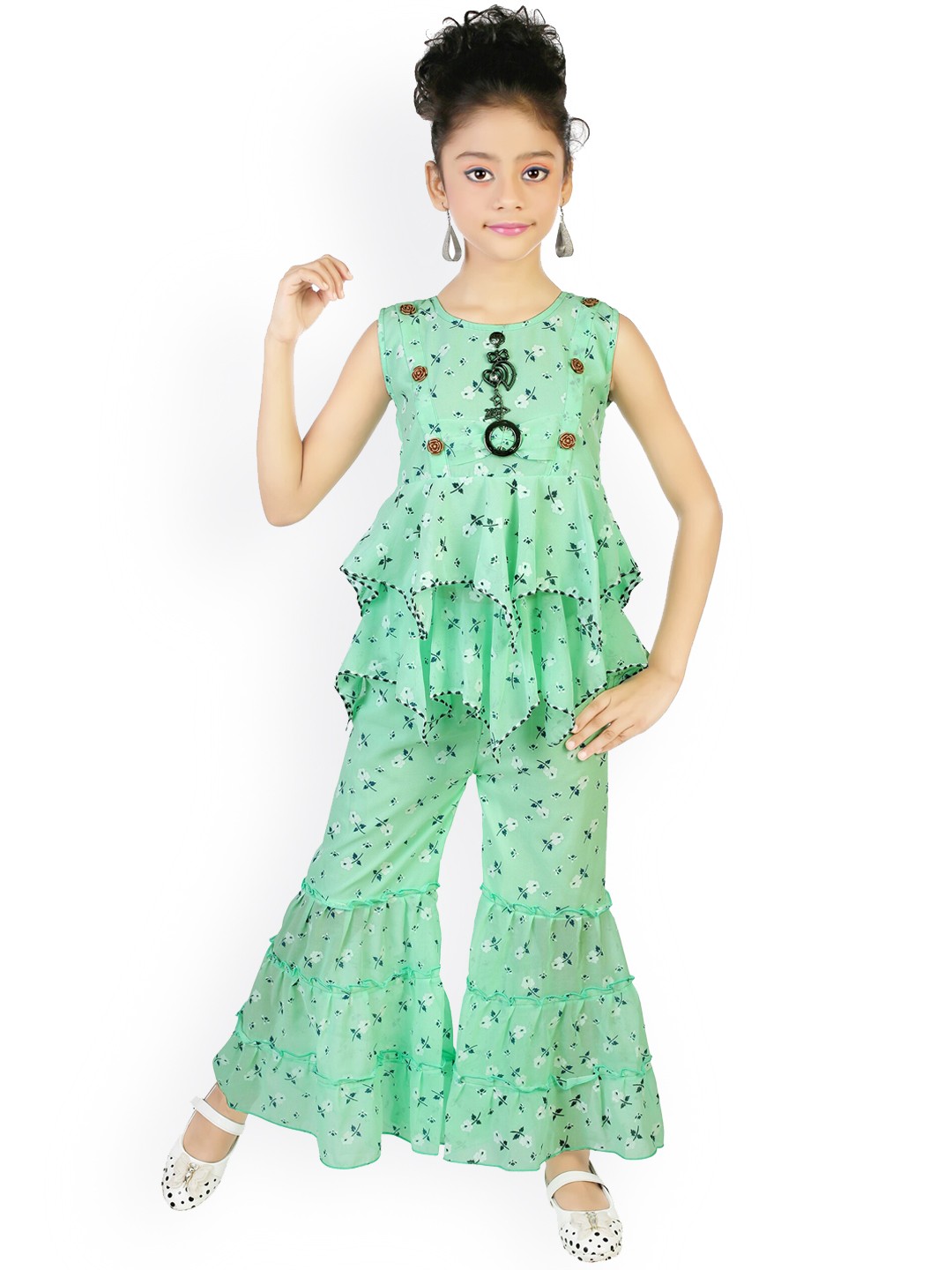 

CELEBRITY CLUB Girls Floral Printed Gathered Georgette Kurti With Sharara, Green