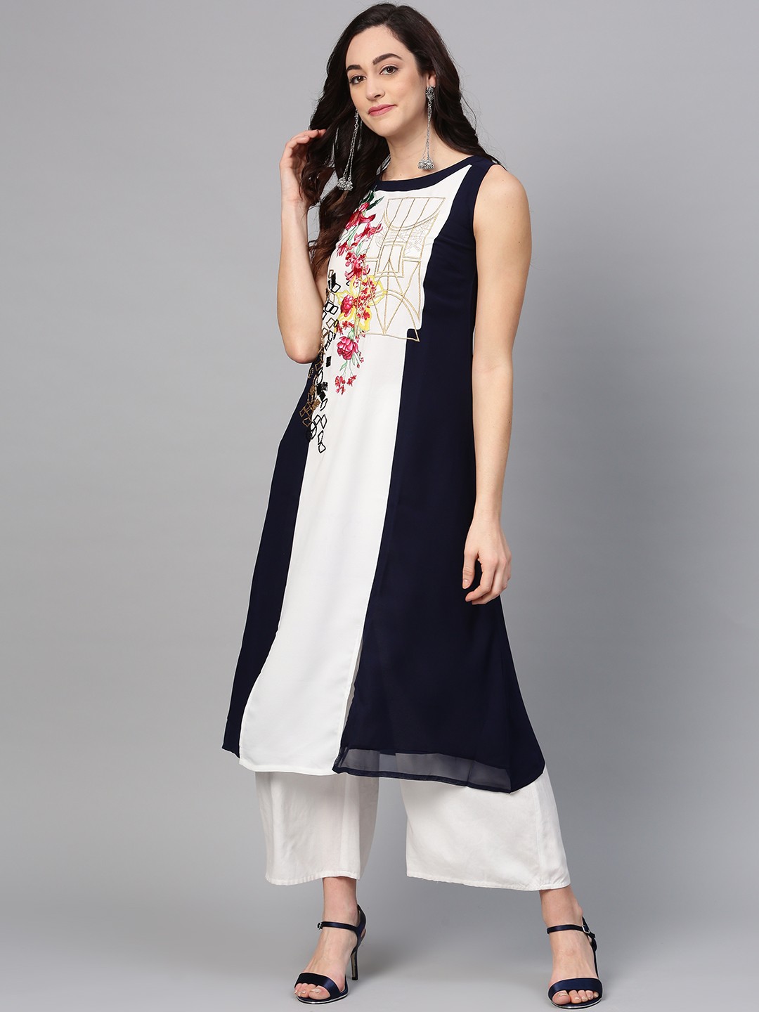 

WISHFUL by W Women Navy Blue & White Colourblocked A-Line Kurta
