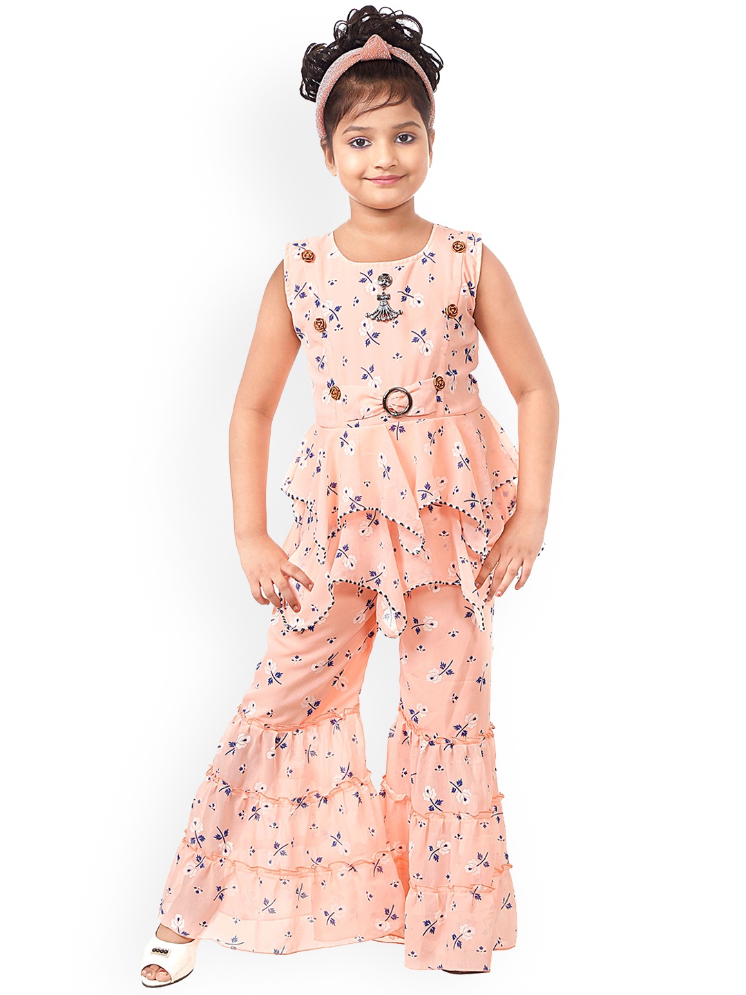 

CELEBRITY CLUB Girls Floral Printed Gathered Georgette Kurti With Sharara, Peach