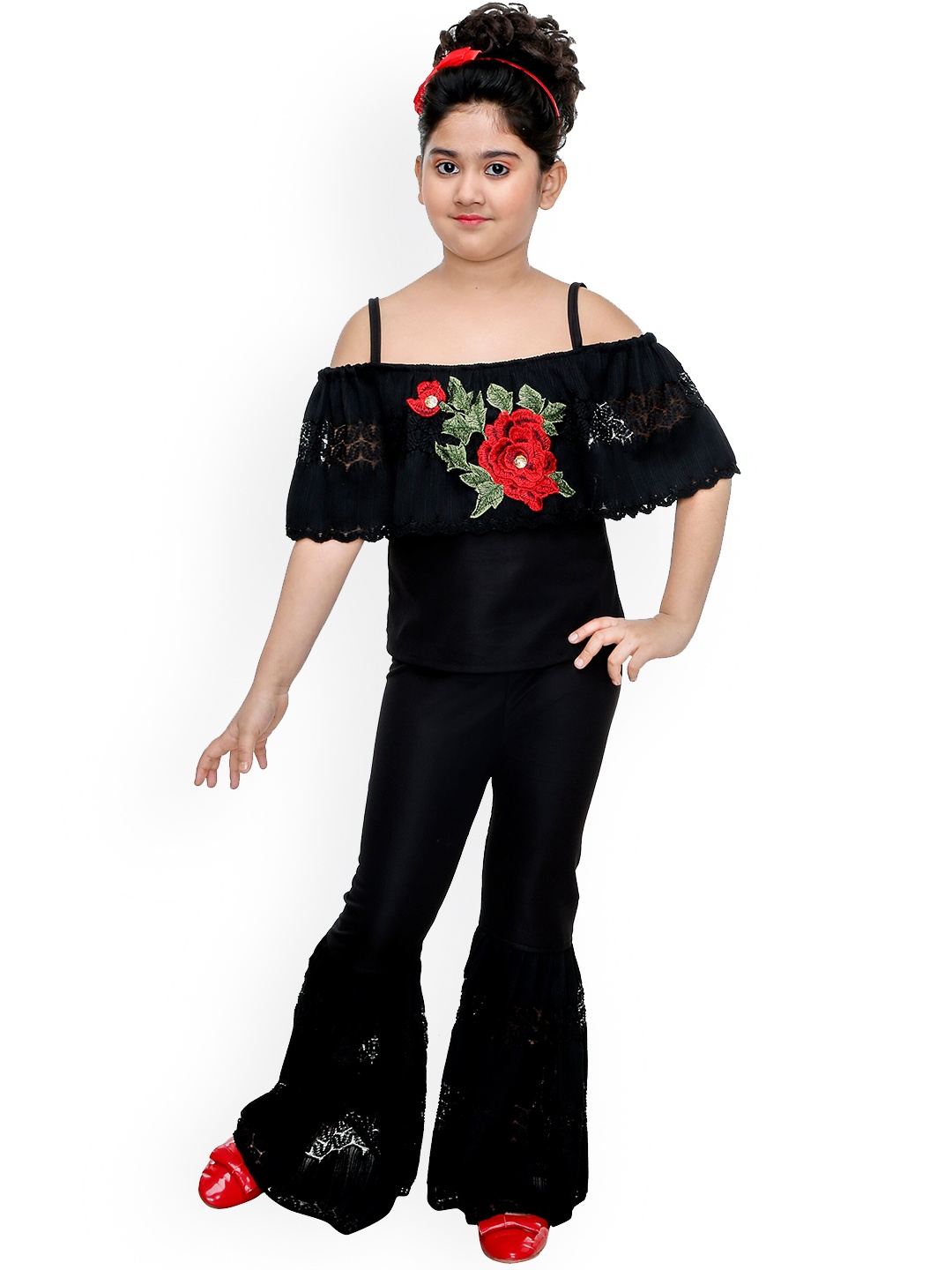 

CELEBRITY CLUB Girls Floral Embroidered Lace Work Top With Sharara, Black