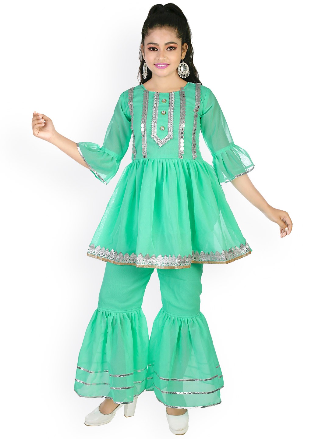 

CELEBRITY CLUB Girls Gotta Patti Georgette A-Line Kurti With Sharara, Green