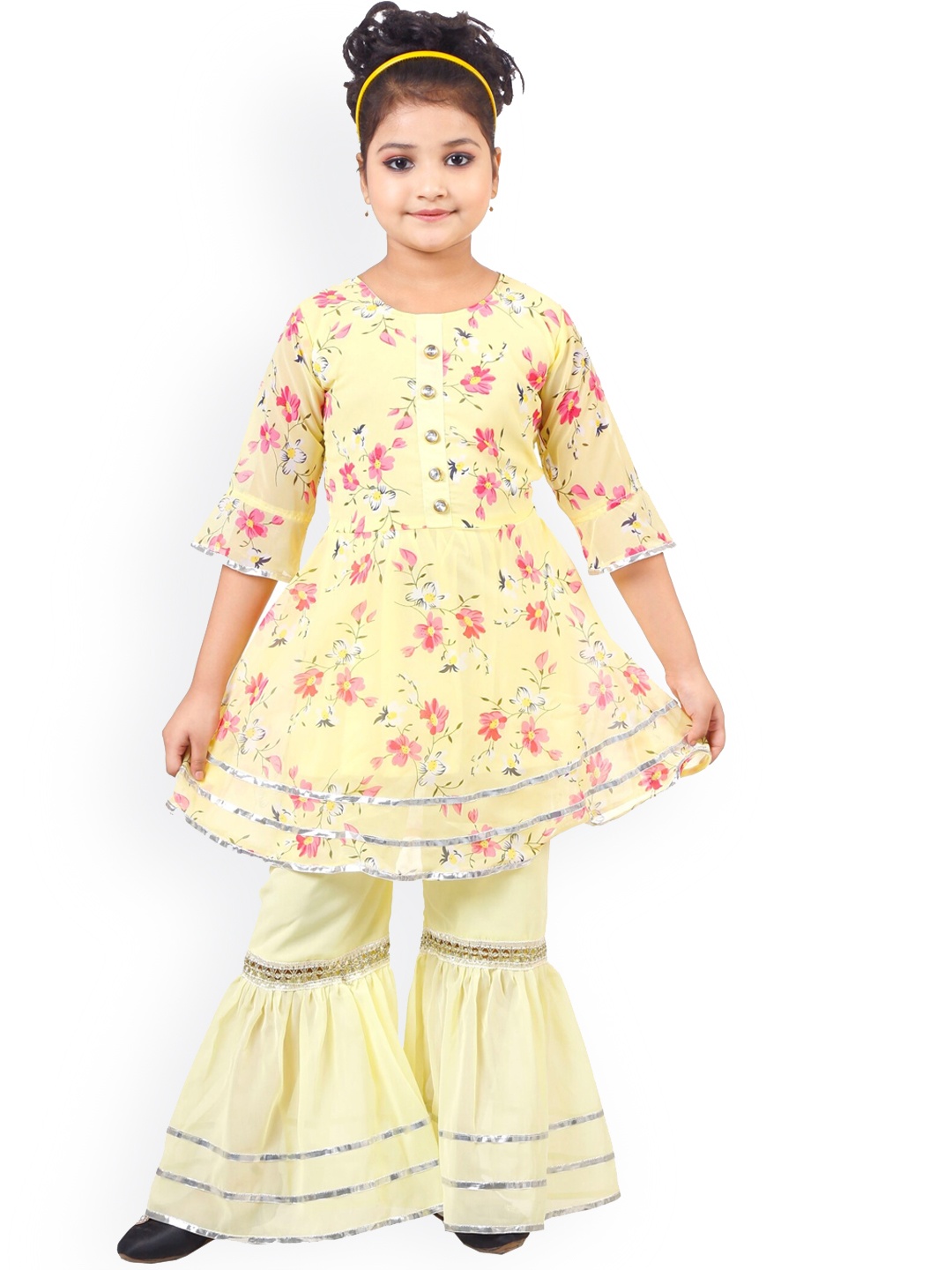 

CELEBRITY CLUB Girls Floral Printed Bell Sleeves Gathered Georgette Kurti With Sharara, Yellow