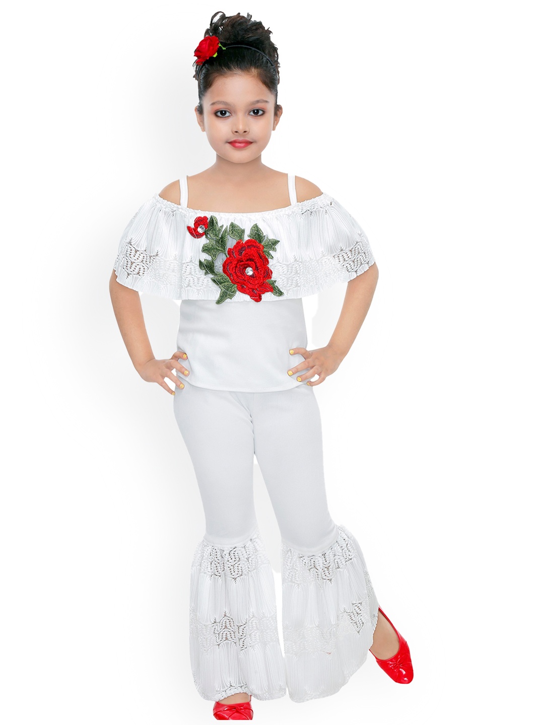 

CELEBRITY CLUB Girls Embroidered Cold-Shoulder Sleeves Top With Sharara, White