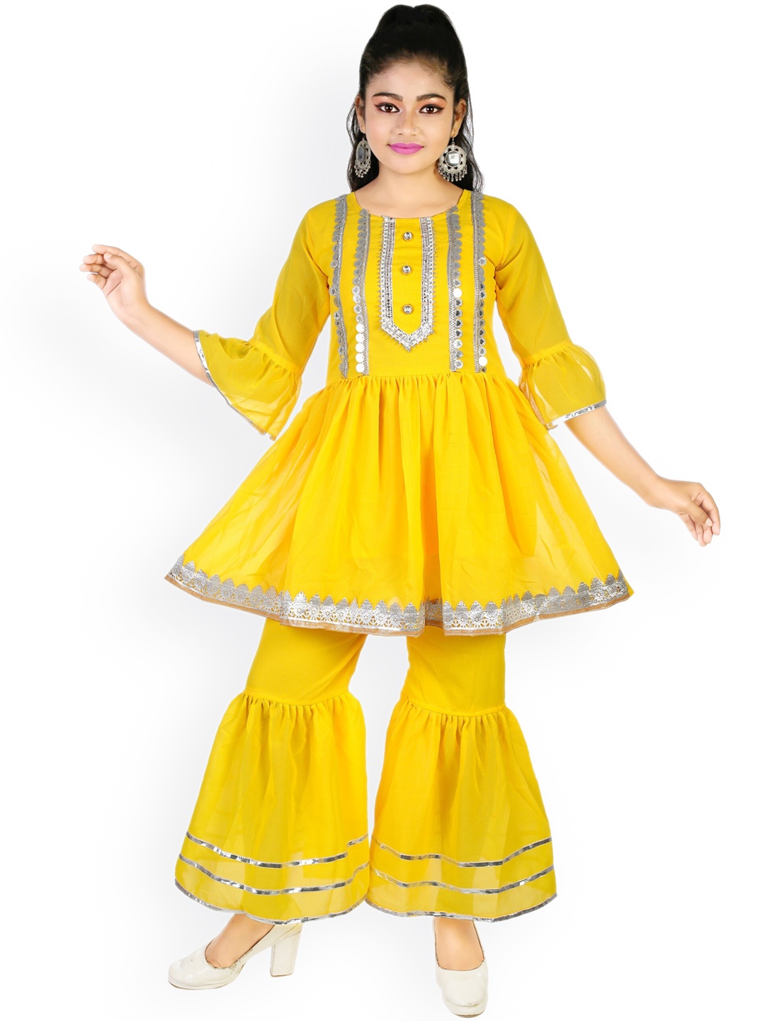 

CELEBRITY CLUB Girls Embroidered Mirror Work Georgette Anarkali Kurti & Sharara, Yellow