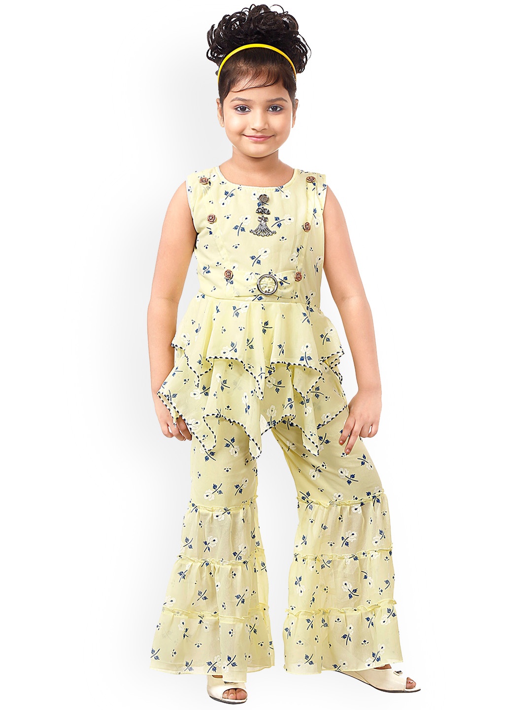 

CELEBRITY CLUB Girls Floral Printed Net Top With Sharara, Yellow