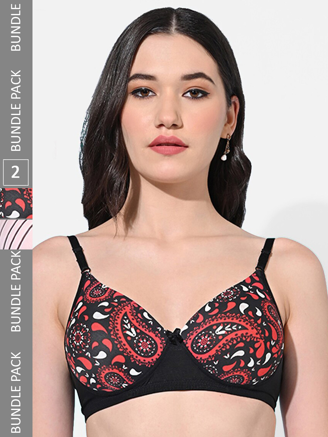 

FIMS Pack Of 2 Printed Full Coverage All Day Comfort Bra BRA_SLK-L_Black_SLK