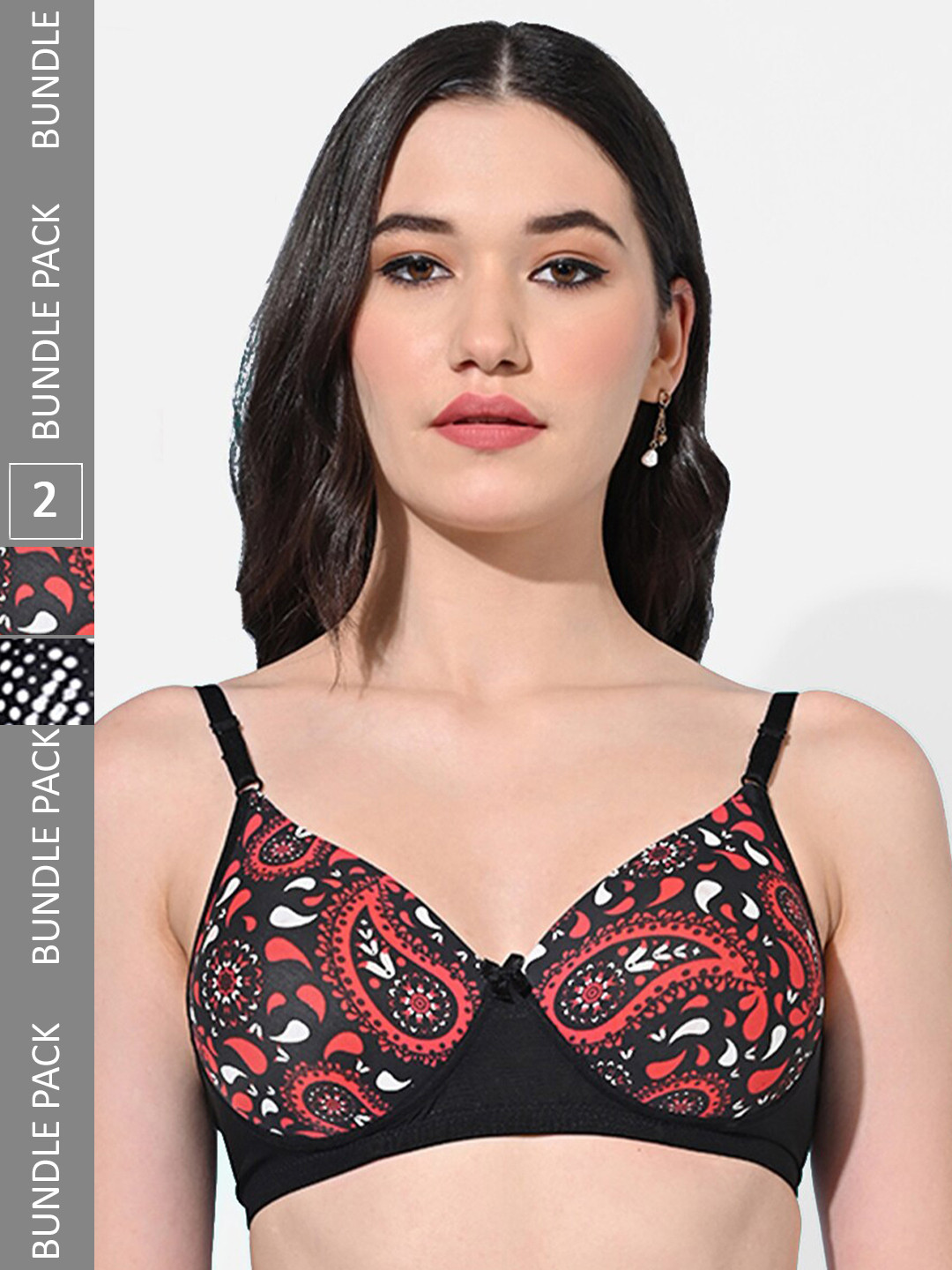 

FIMS Pack Of 2 Floral Printed Full Coverage Lightly Padded Bra With All Day Comfort, Black