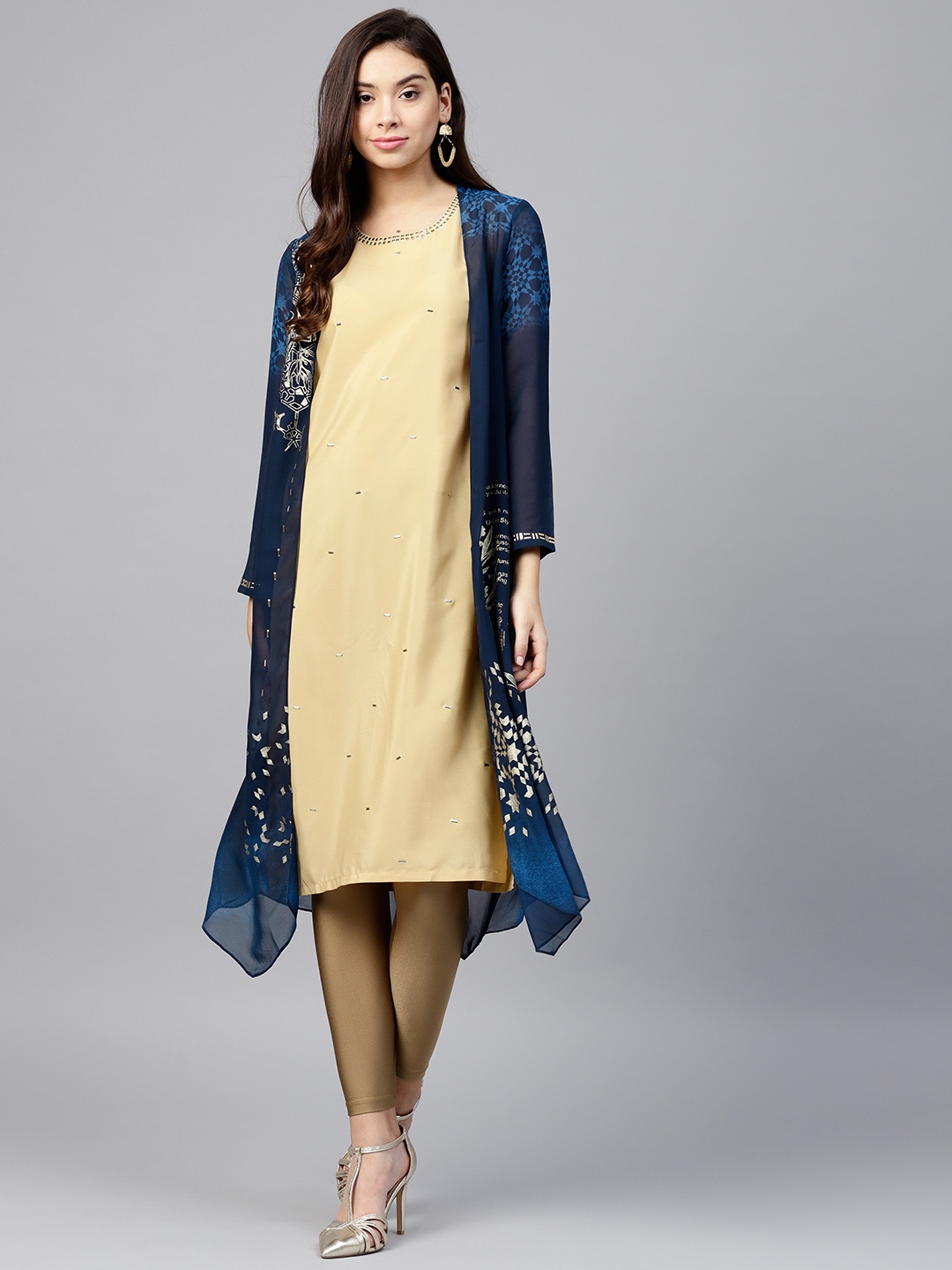 

WISHFUL by W Women Navy Blue & Beige Embellished Layered Straight Kurta