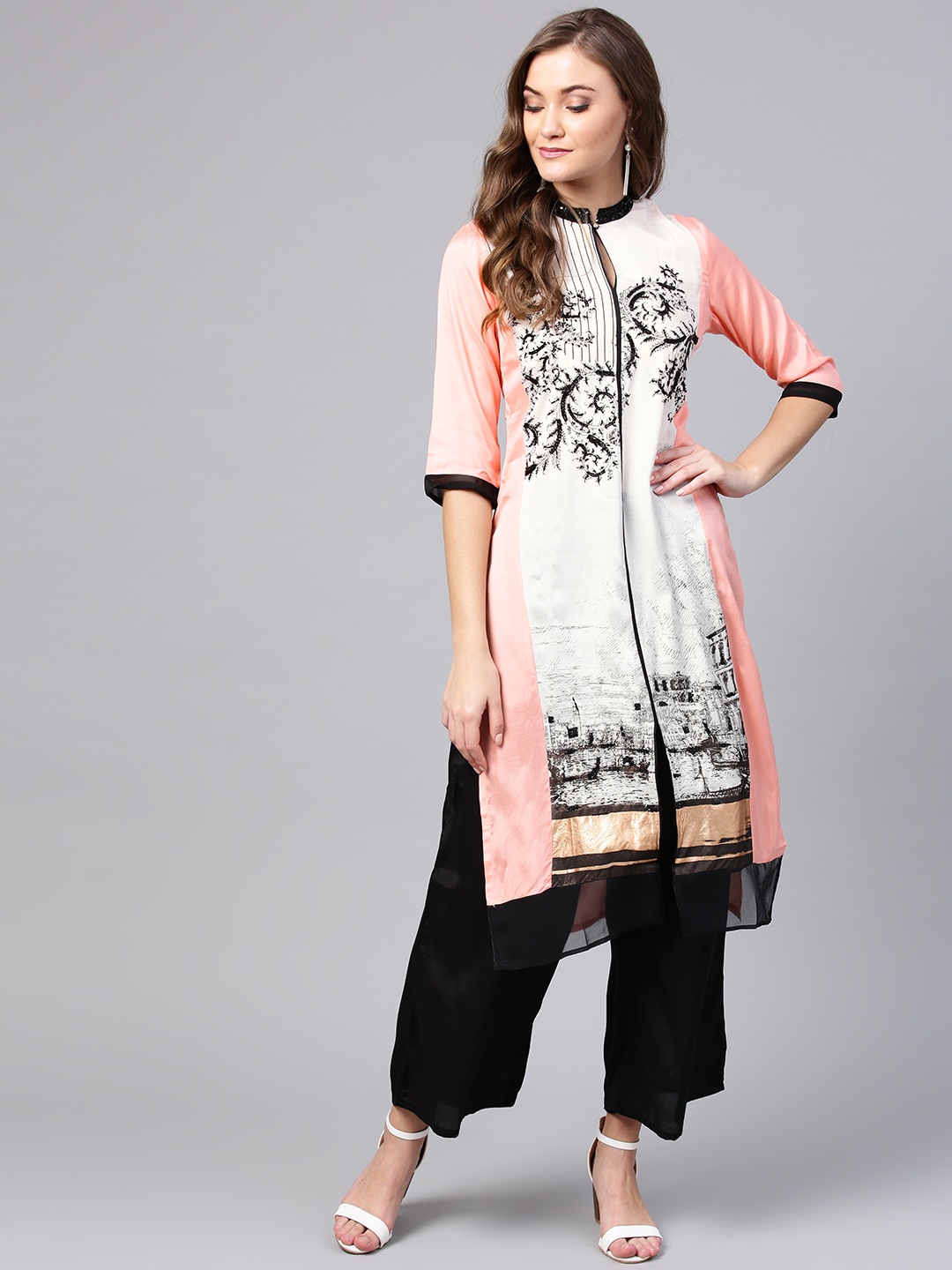 

Wishful by W Women Pink & White Printed Straight Kurta