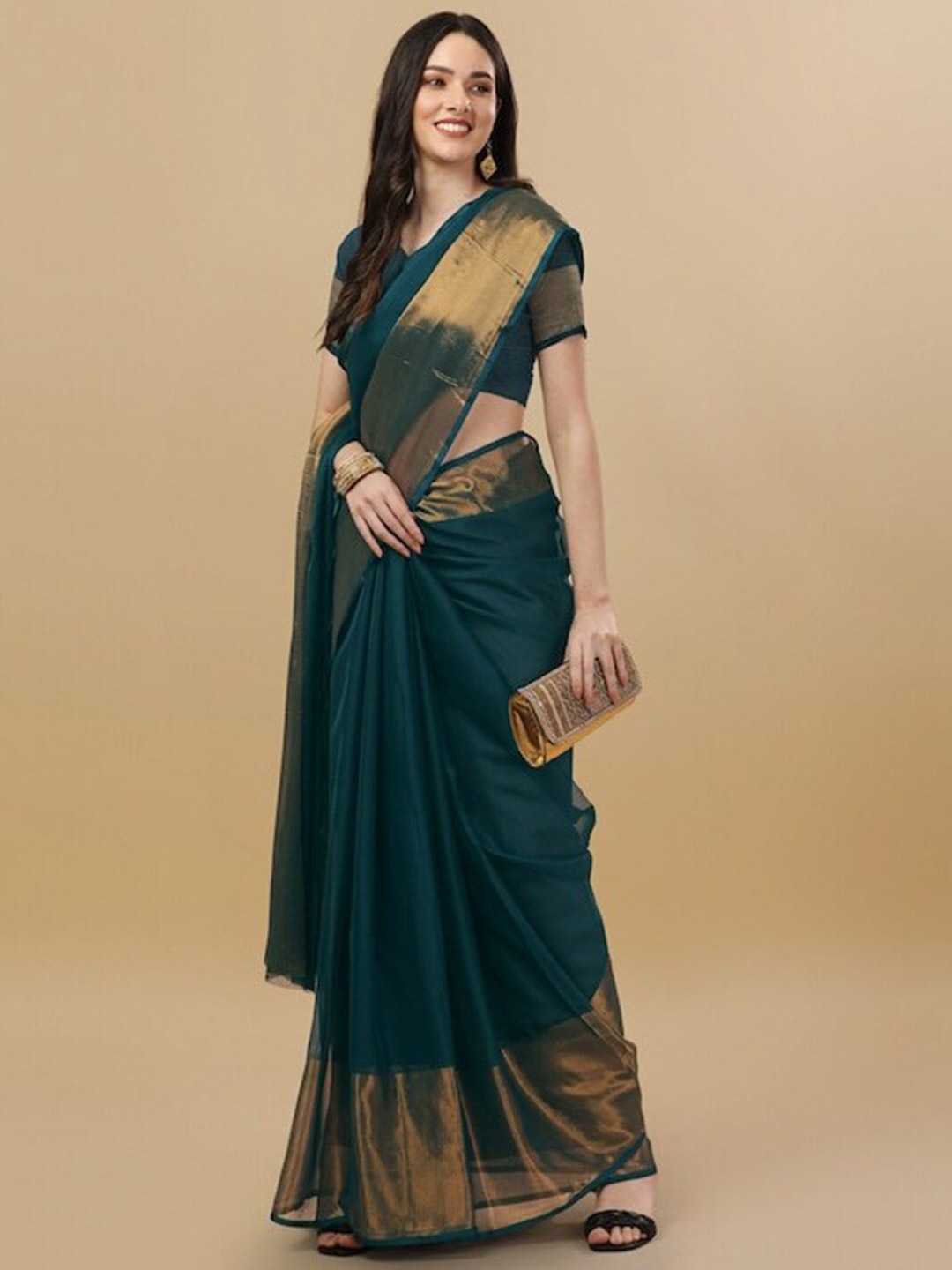 

MOKSHA DESIGNS Zari Pure Chiffon Saree, Teal