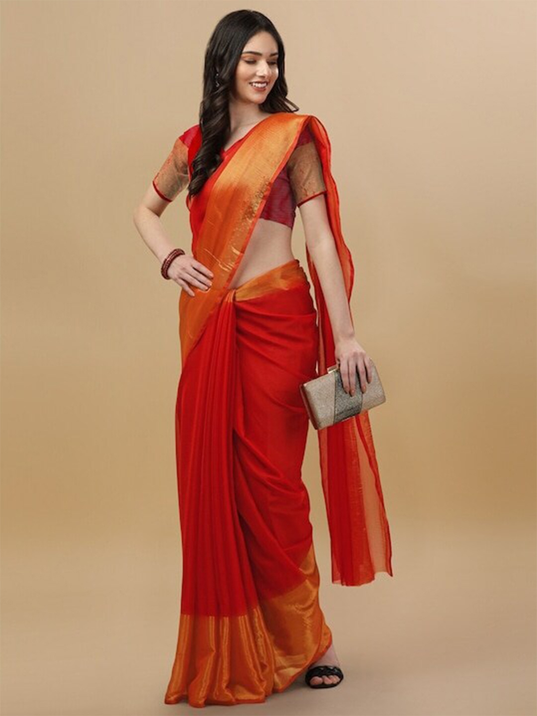 

MOKSHA DESIGNS Zari Pure Chiffon Saree, Orange