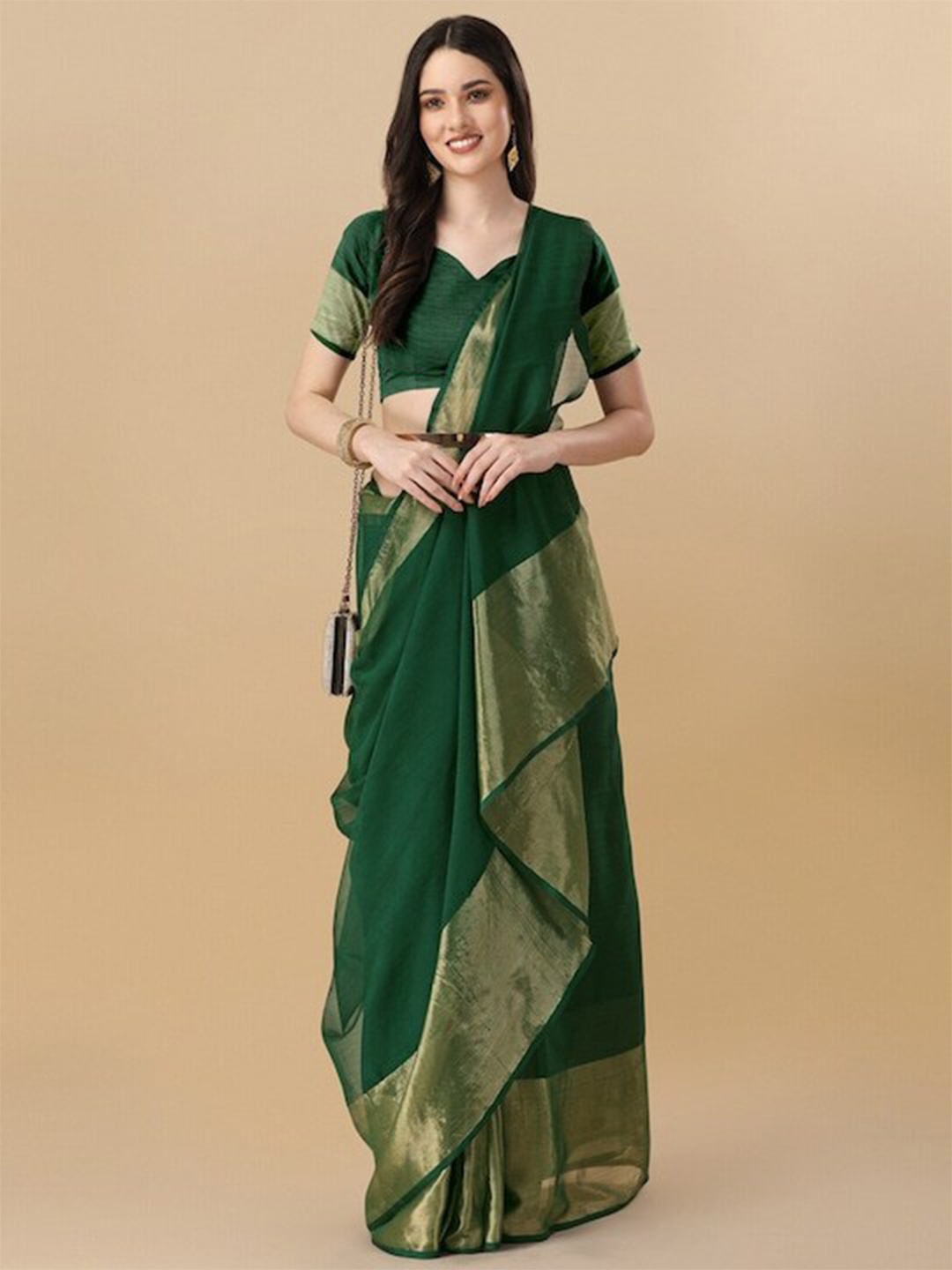 

MOKSHA DESIGNS Zari Pure Chiffon Saree, Green