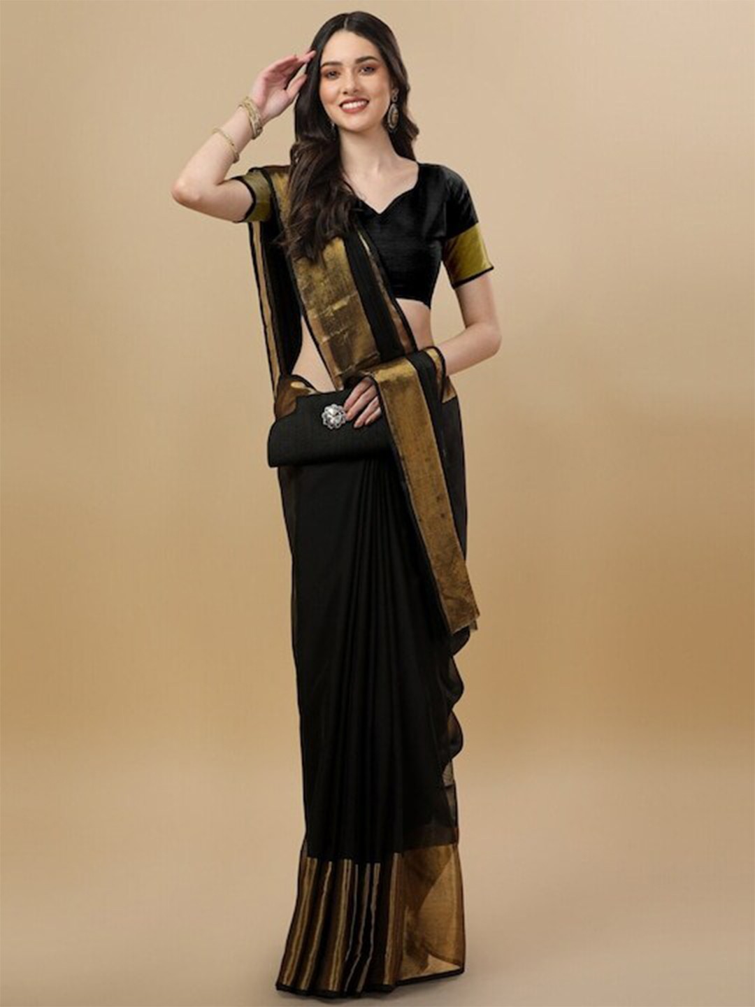 

MOKSHA DESIGNS Zari Pure Chiffon Saree, Black