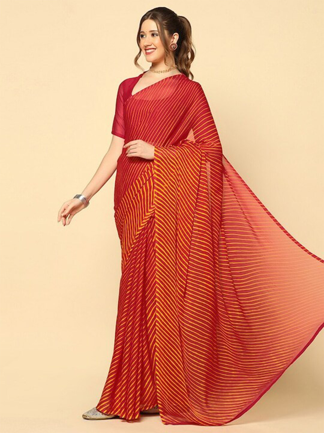 

MOKSHA DESIGNS Leheriya Printed Pure Georgette Leheriya Saree, Maroon