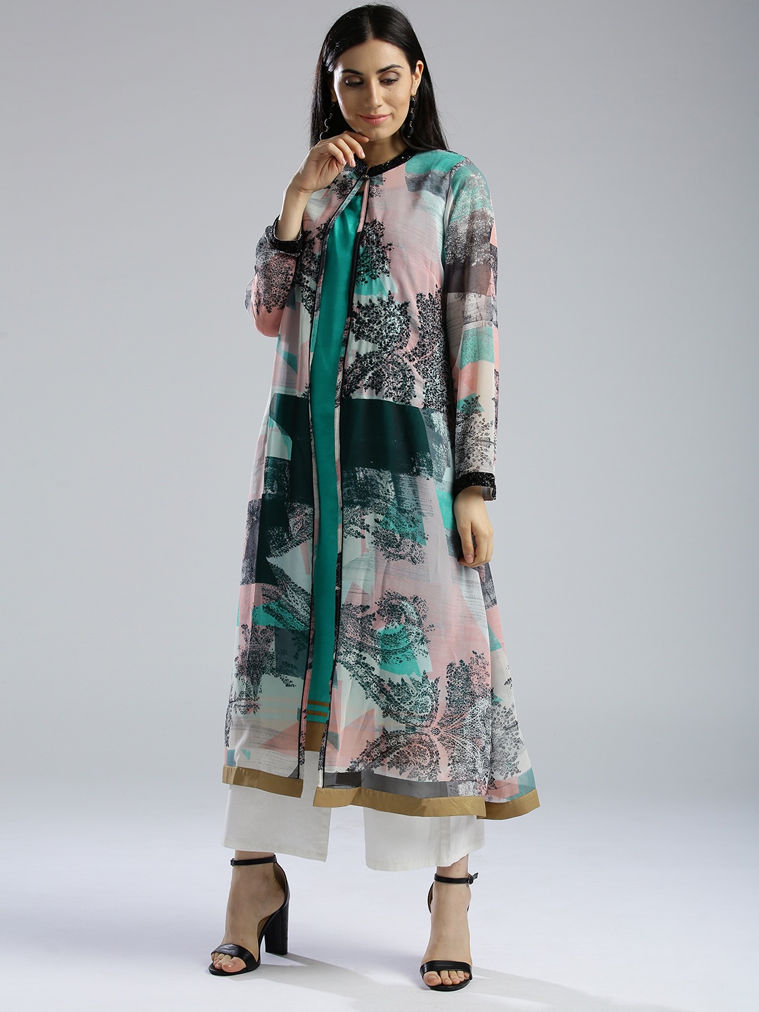

W Women Turquoise Blue Straight Kurta with Printed Layer