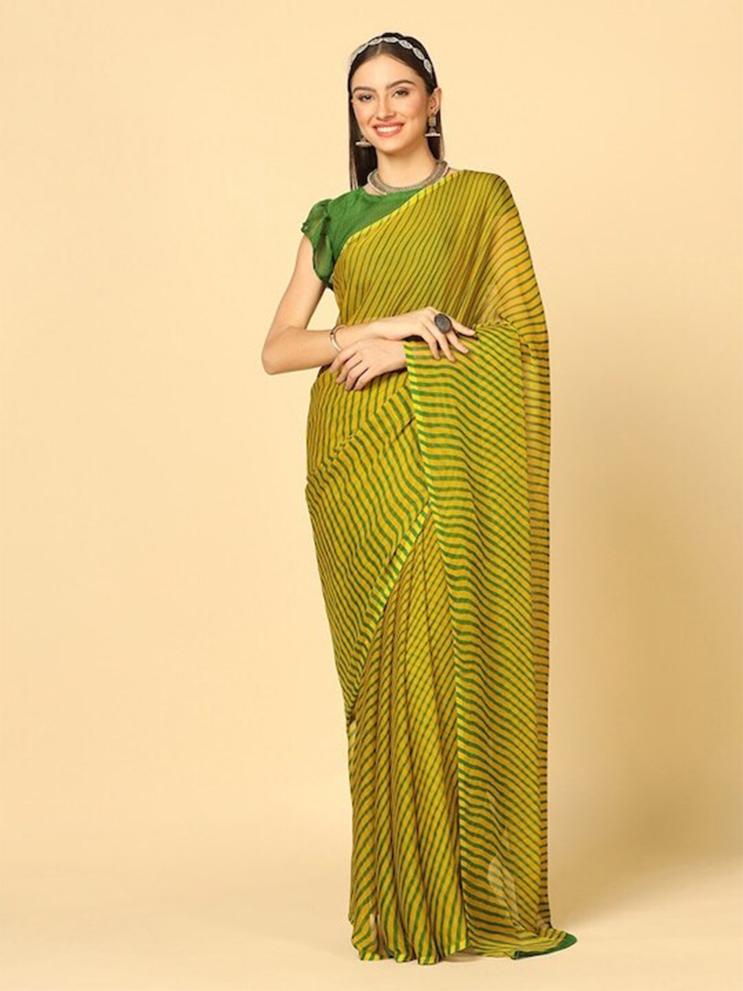 

MOKSHA DESIGNS Leheriya Printed Pure Georgette Leheriya Saree, Yellow