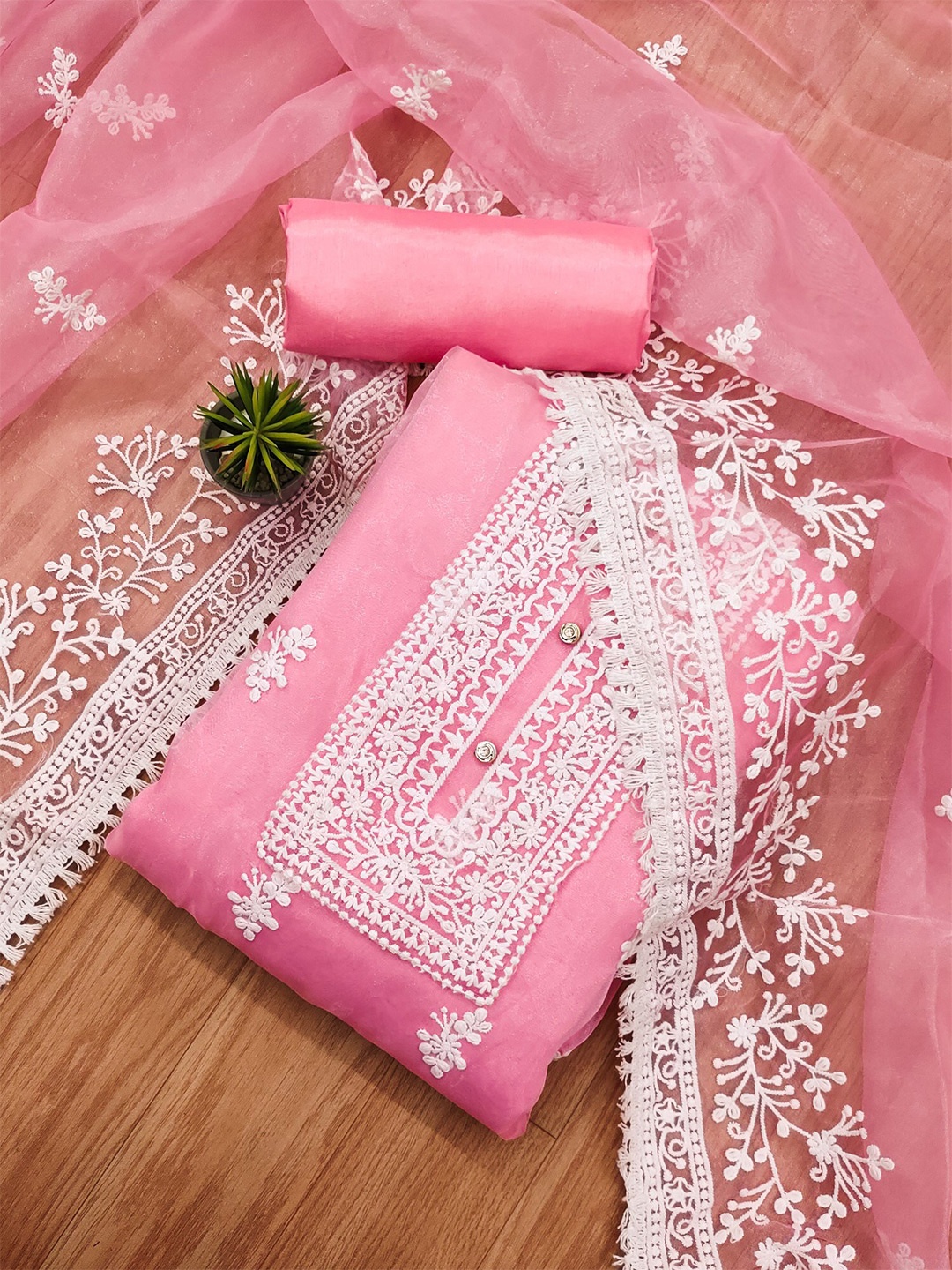 

KALINI Embroidered Organza Unstitched Dress Material, Pink