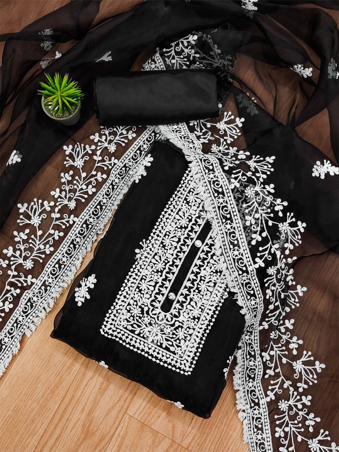 

KALINI Embroidered Organza Unstitched Dress Material, Black