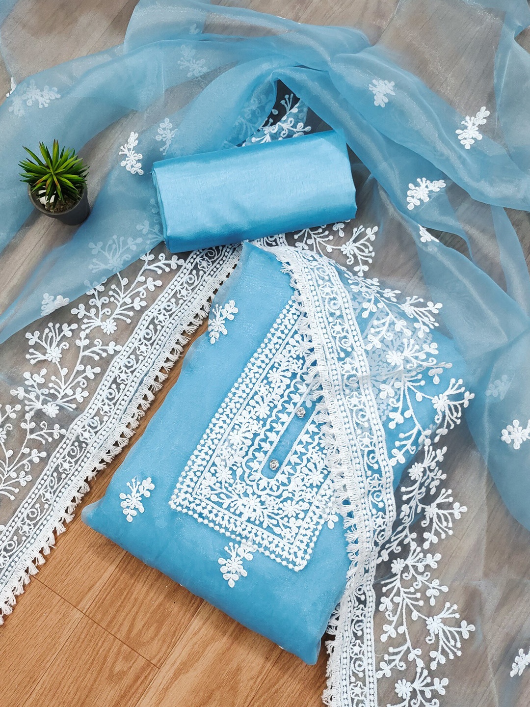 

KALINI Embroidered Organza Unstitched Dress Material, Blue