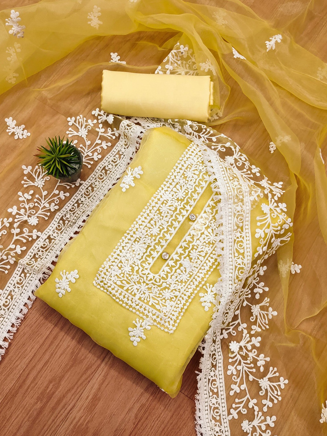 

KALINI Embroidered Organza Unstitched Dress Material, Yellow