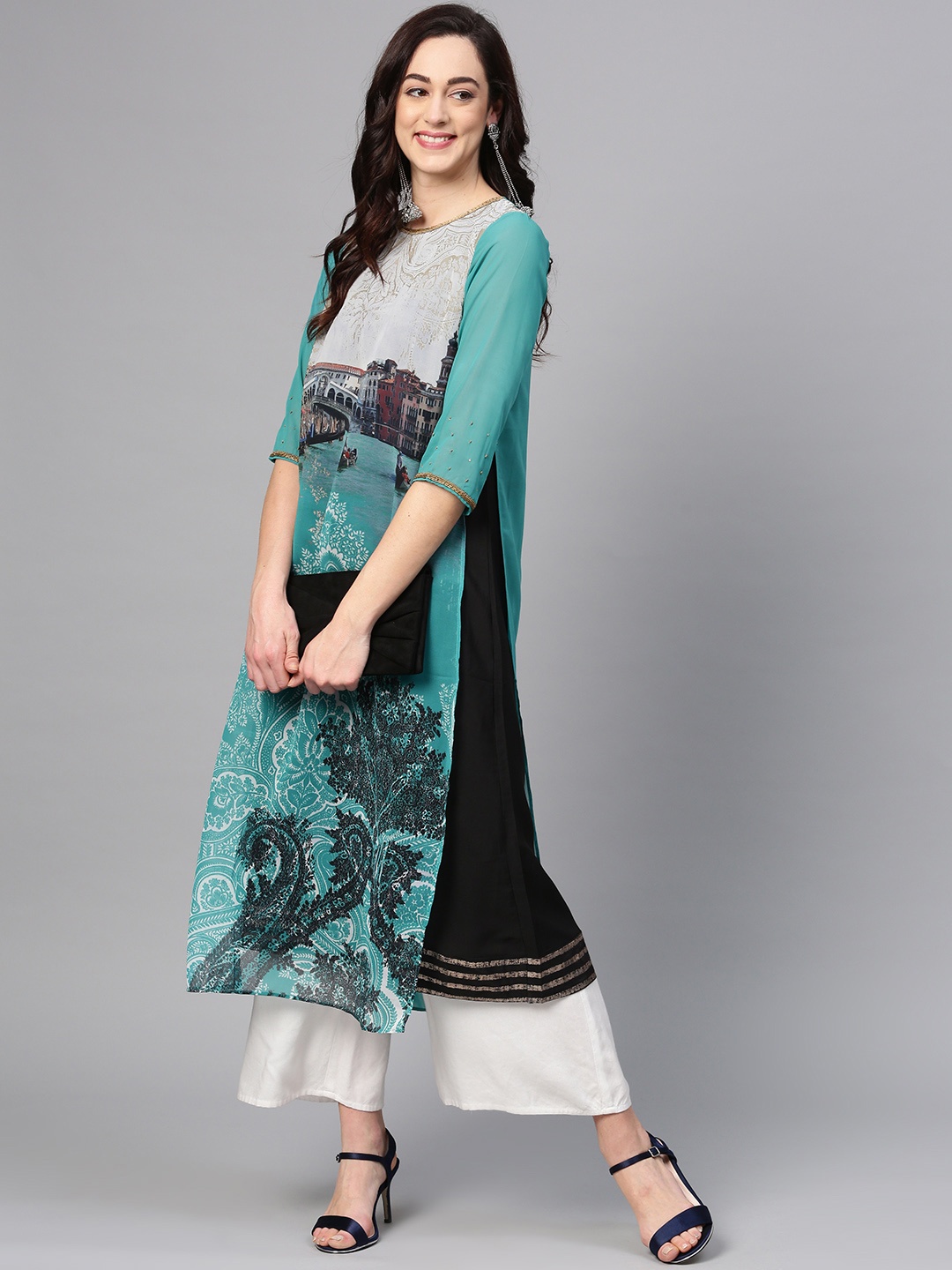 

WISHFUL by W Women Sea Green & Black Quirky Print Layered A-Line Kurta