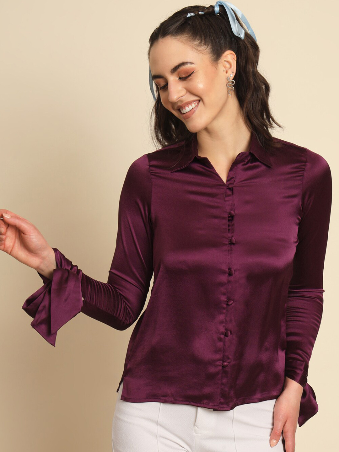 

Trend Arrest Straight Slim Fit Spread Collar Tie-Up Sleeves Opaque Casual Shirt, Purple