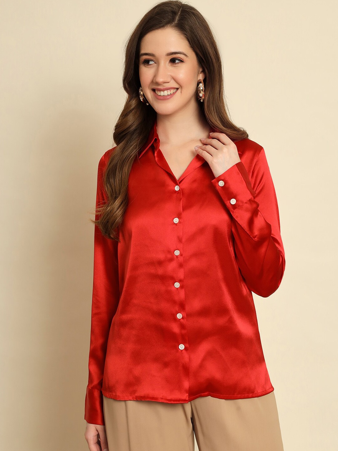 

Trend Arrest Straight Slim Fit Spread Collar Regular Sleeves Opaque Casual Shirt, Red