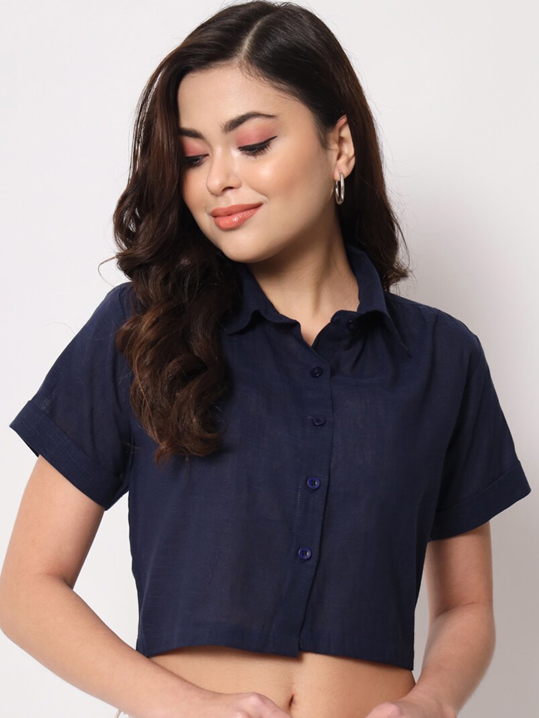 

Trend Arrest Comfort Spread Collar Cotton Crop Shirt, Navy blue