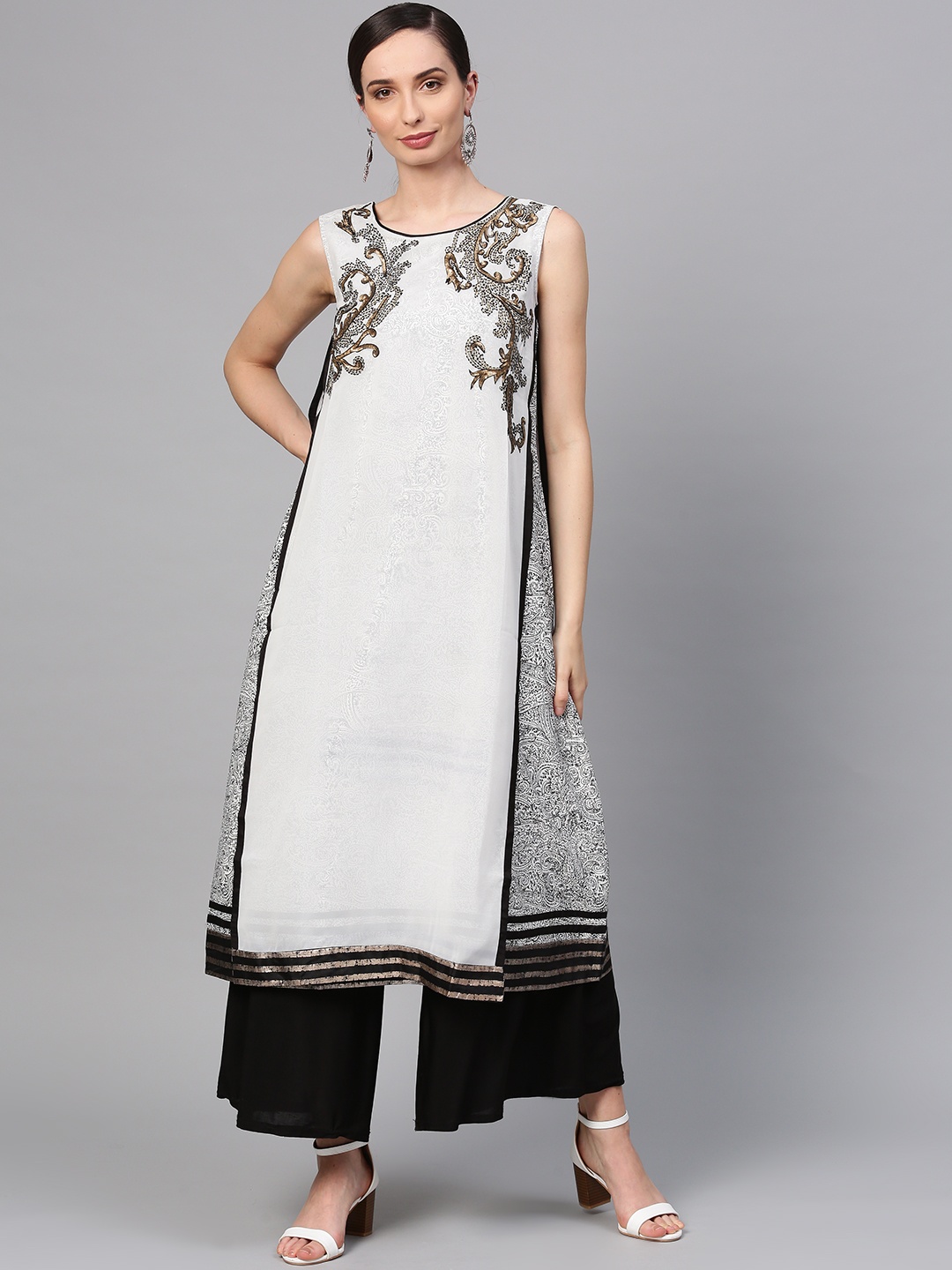 

Wishful by W Women White & Black Printed Layered A-Line Kurta