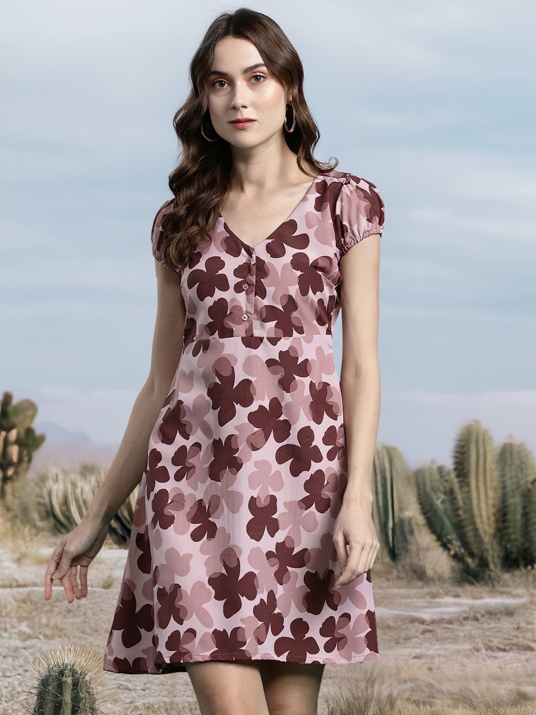 

DressBerry Floral Print Puff Sleeves Fit & Flare Dress, Mauve