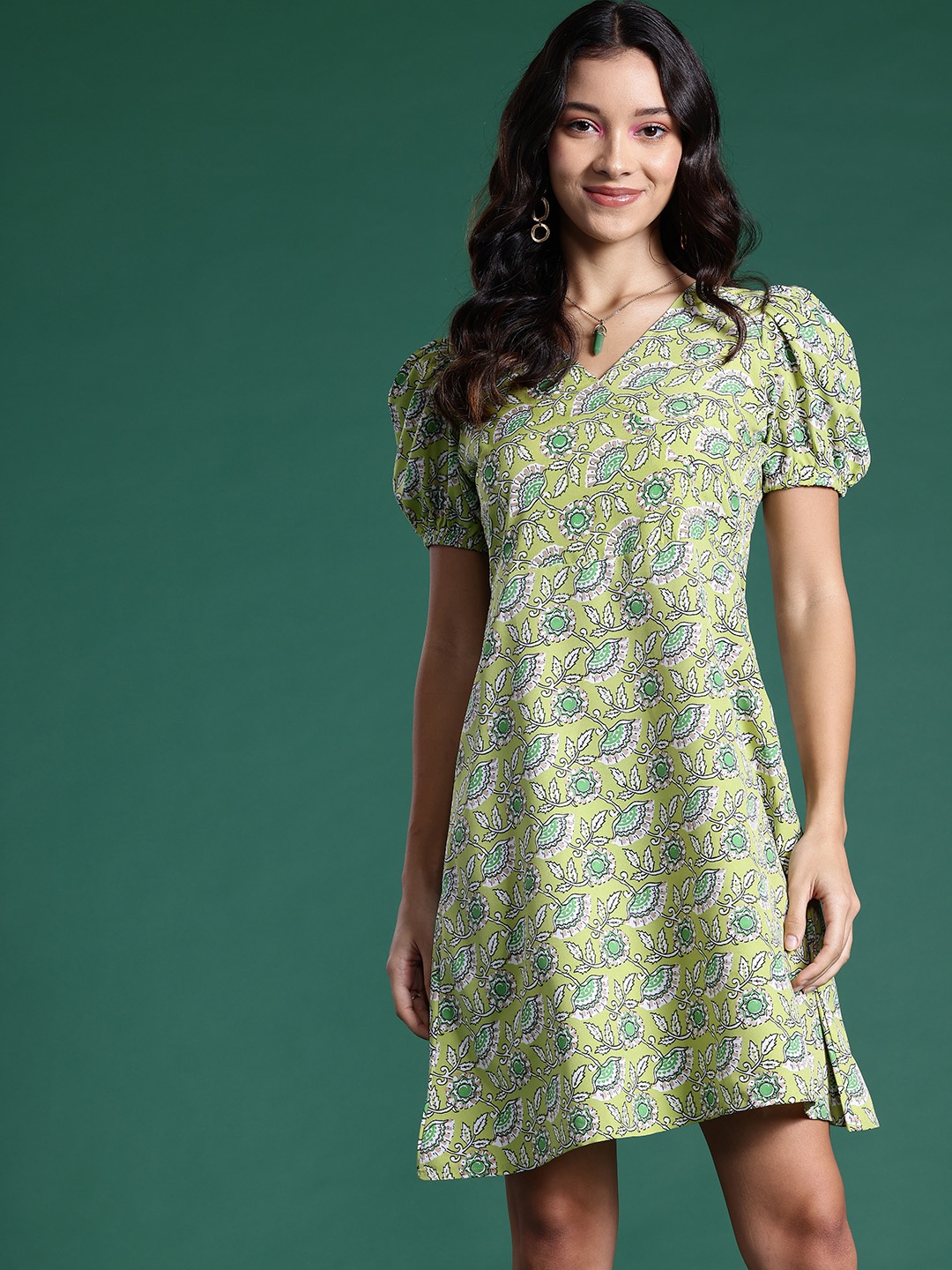 

DressBerry Ethnic Print Puff Sleeves A-Line Dress, Green