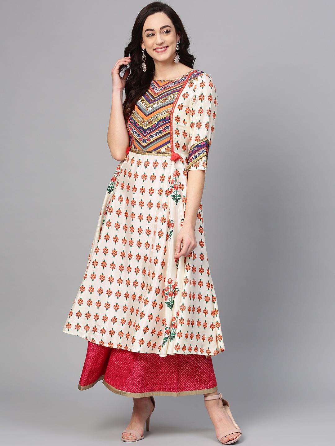 

Wishful by W Women Off-White & Orange Printed A-Line Kurta
