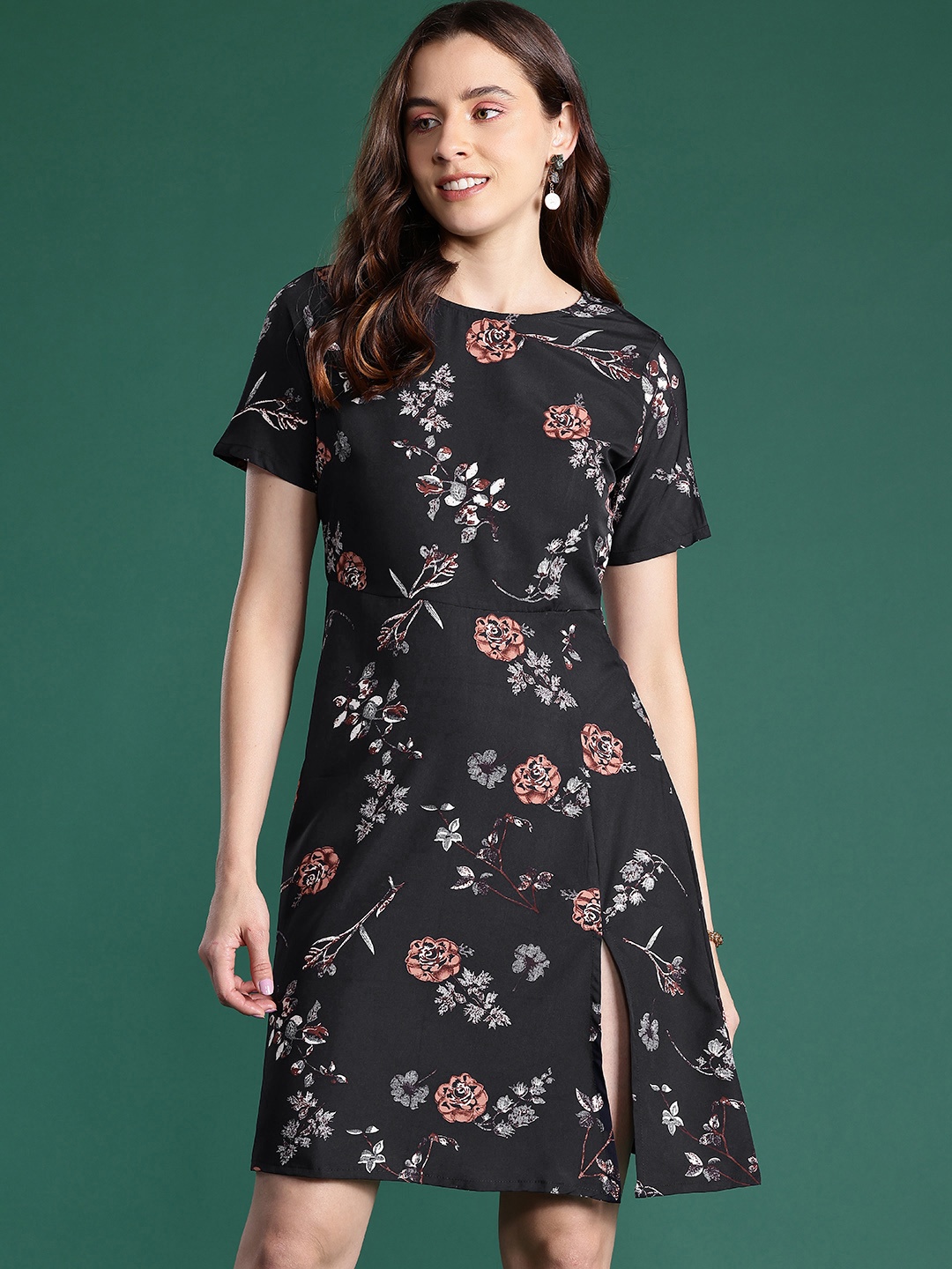 

DressBerry Floral Print Round-Neck A-Line Dress with Slit Detail, Black