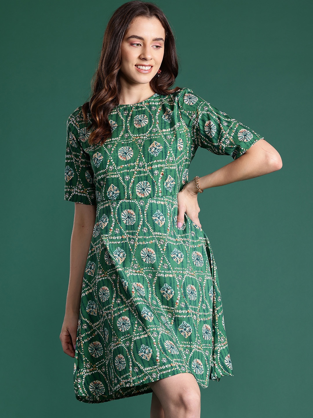 

DressBerry Ethnic Motifs Print Round-Neck A-Line Dress, Green