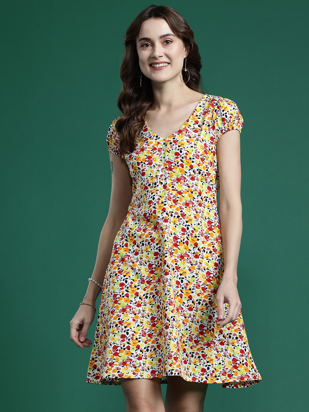 

DressBerry Floral Print Puff Sleeve Fit & Flare Dress, Multi