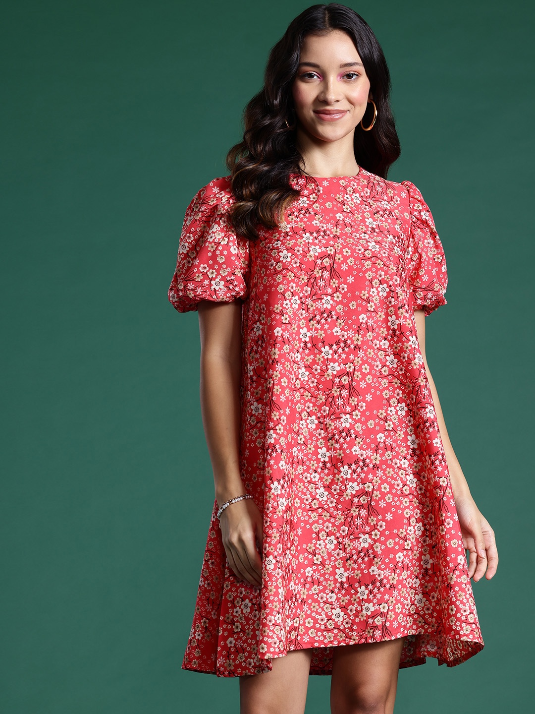 

DressBerry Floral Print Puff Sleeves A-Line Dress, Coral