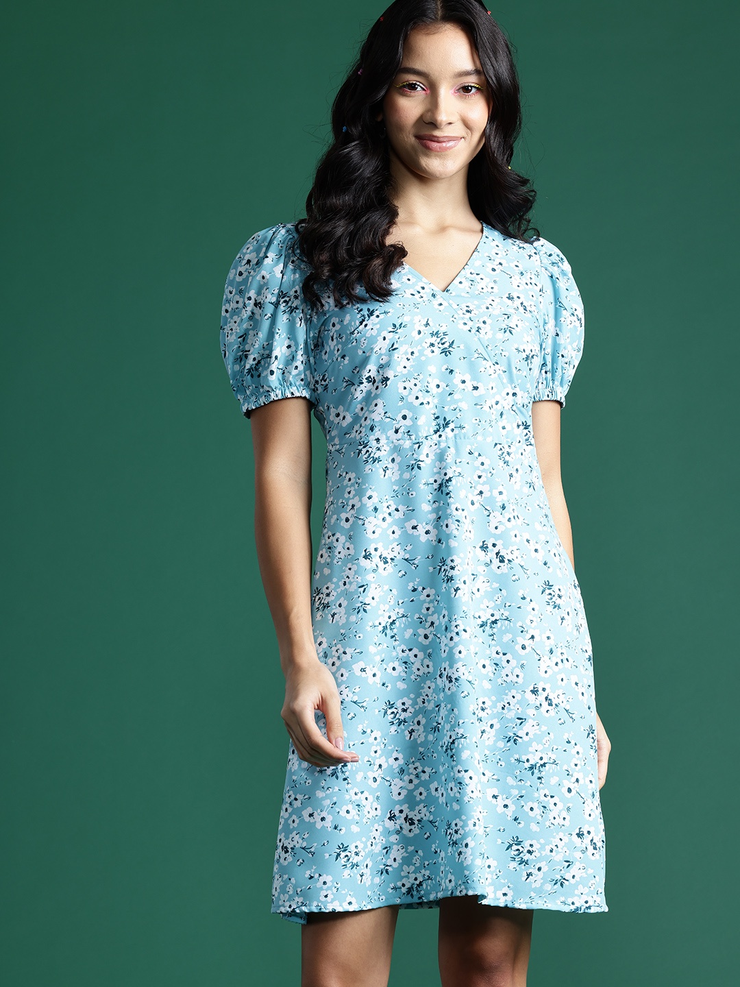 

DressBerry Floral Print Puff Sleeves Wrap Dress, Blue