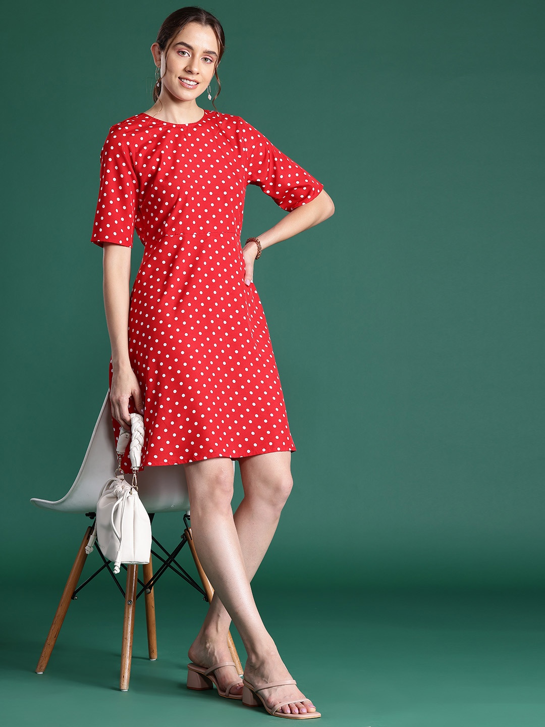 

Dressberry Basics Polka Dot Print A-Line Dress, Red