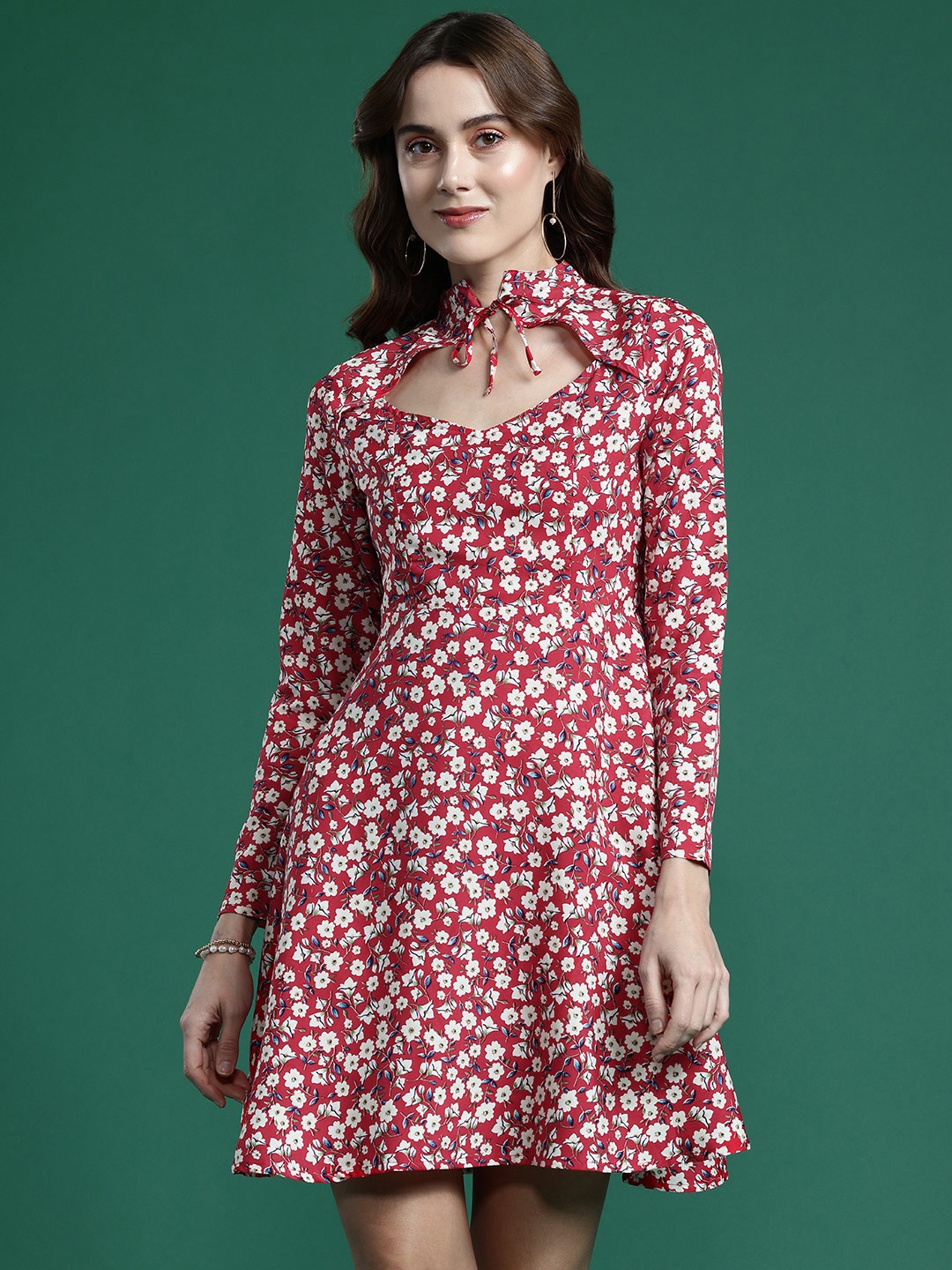 

DressBerry Floral Print Tie-Up Neck Cut-Out Fit & Flare Mini Dress, Red