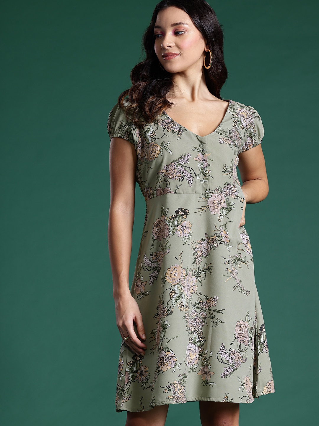 

DressBerry Floral Print Puff Sleeves A-Line Dress, Green