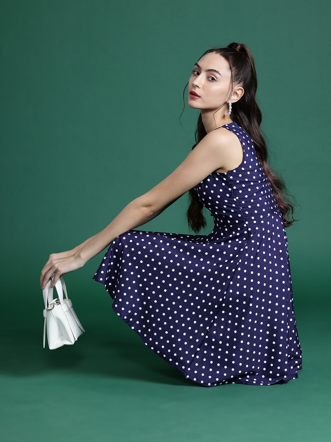 

DressBerry Polka Dot Print Fit & Flare Dress, Navy blue