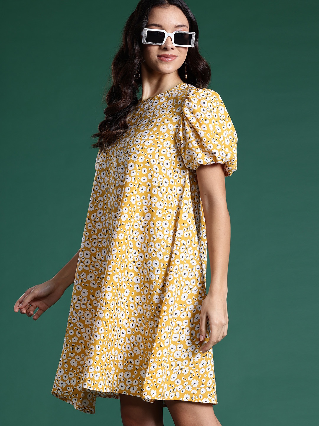 

DressBerry Floral Print Puff Sleeves A-Line Dress, Mustard