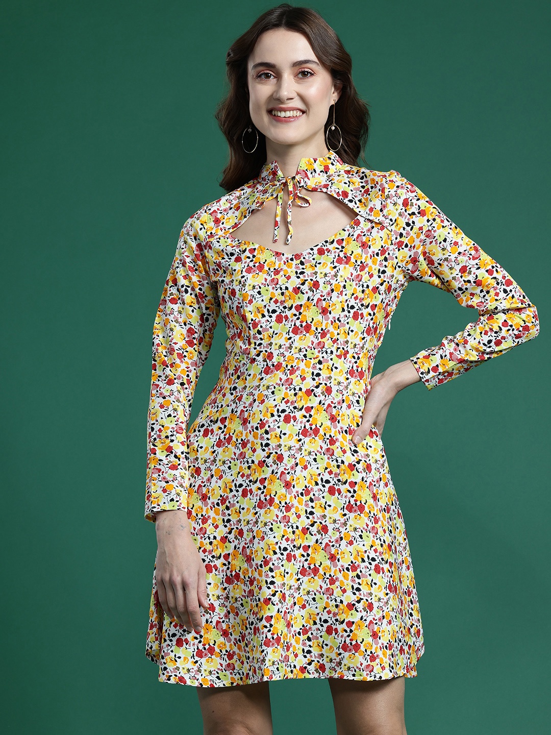 

DressBerry Floral Print Tie-Up Neck Cut-Out Fit & Flare Mini Dress, Multi