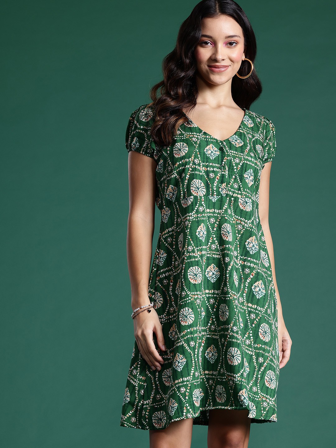 

DressBerry Printed Puff Sleeves A-Line Dress, Green
