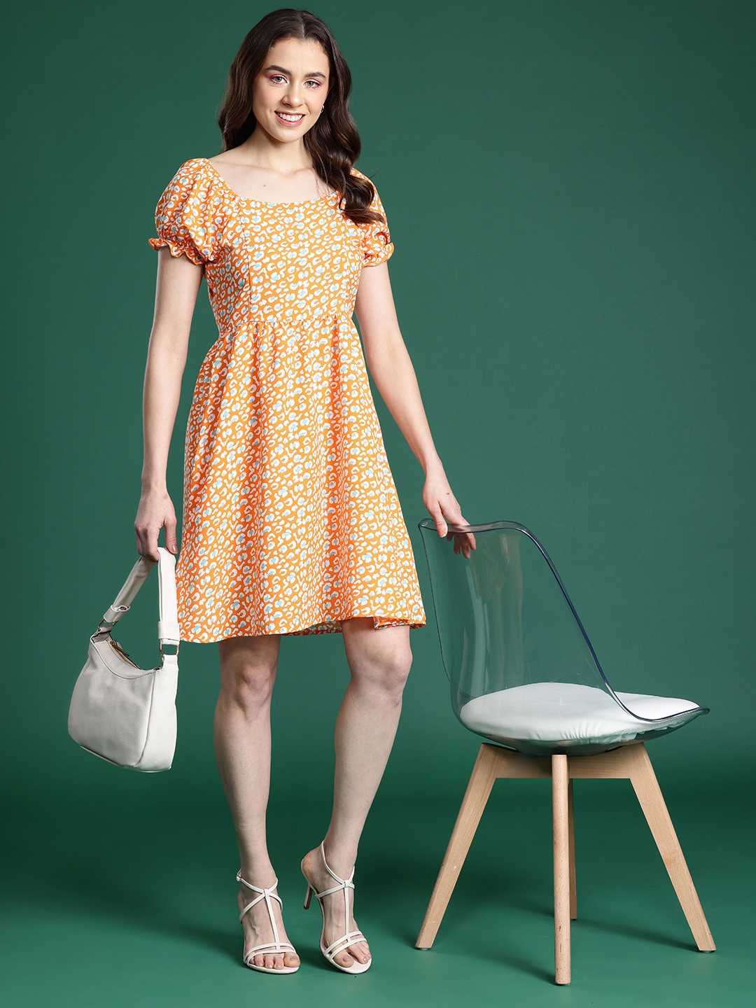 

DressBerry Printed Puff Sleeve A-Line Dress, Orange